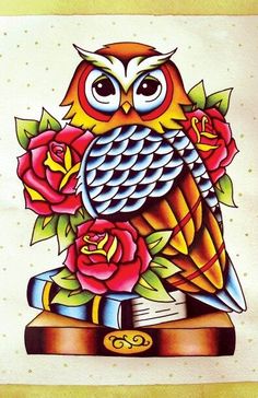 Traditional Owl With Book And Roses Tattoo Design