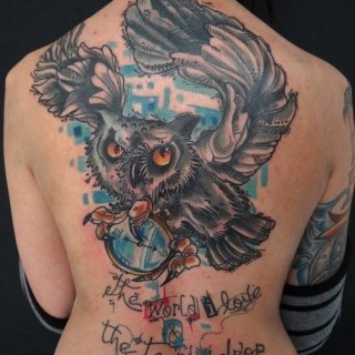 Traditional Owl With Clock Tattoo On Upper Back