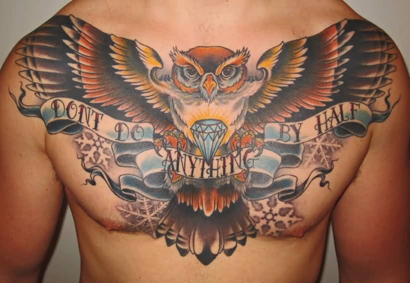 Traditional Owl With Diamond And Banner Tattoo On Man Chest