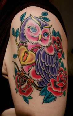 Traditional Owl With Flowers Tattoo On Left Shoulder