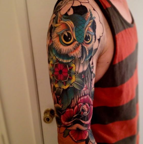 Traditional Owl With Flowers Tattoo On Man Right Half Sleeve