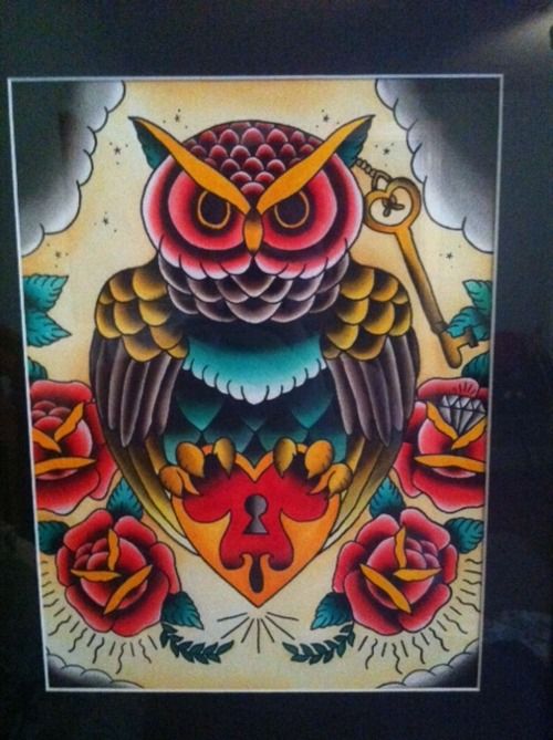 Traditional Owl With Lock And Roses Tattoo Design
