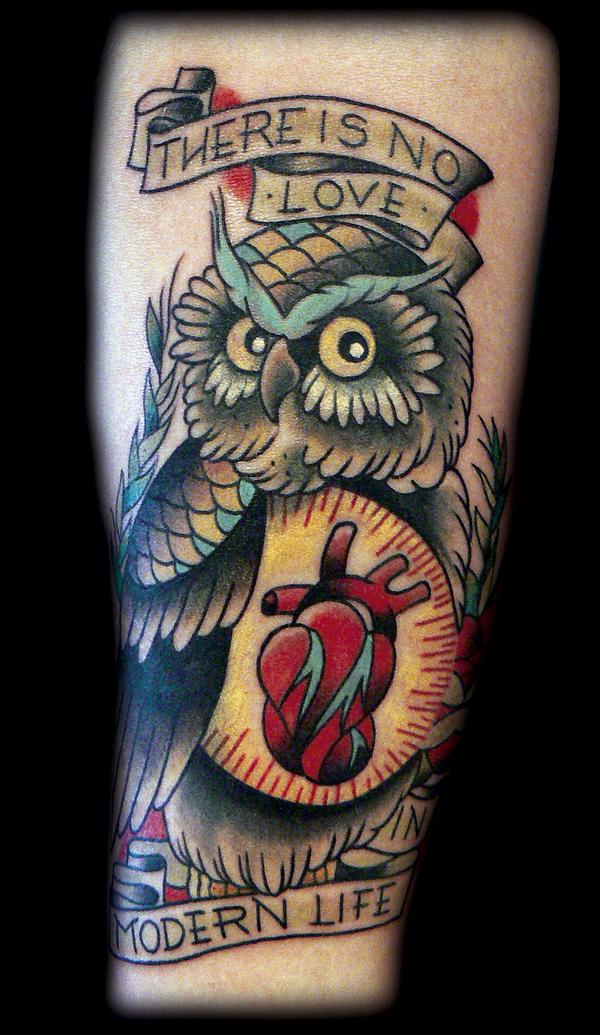 Traditional Owl With Real Heart And Banner Tattoo Design For Sleeve