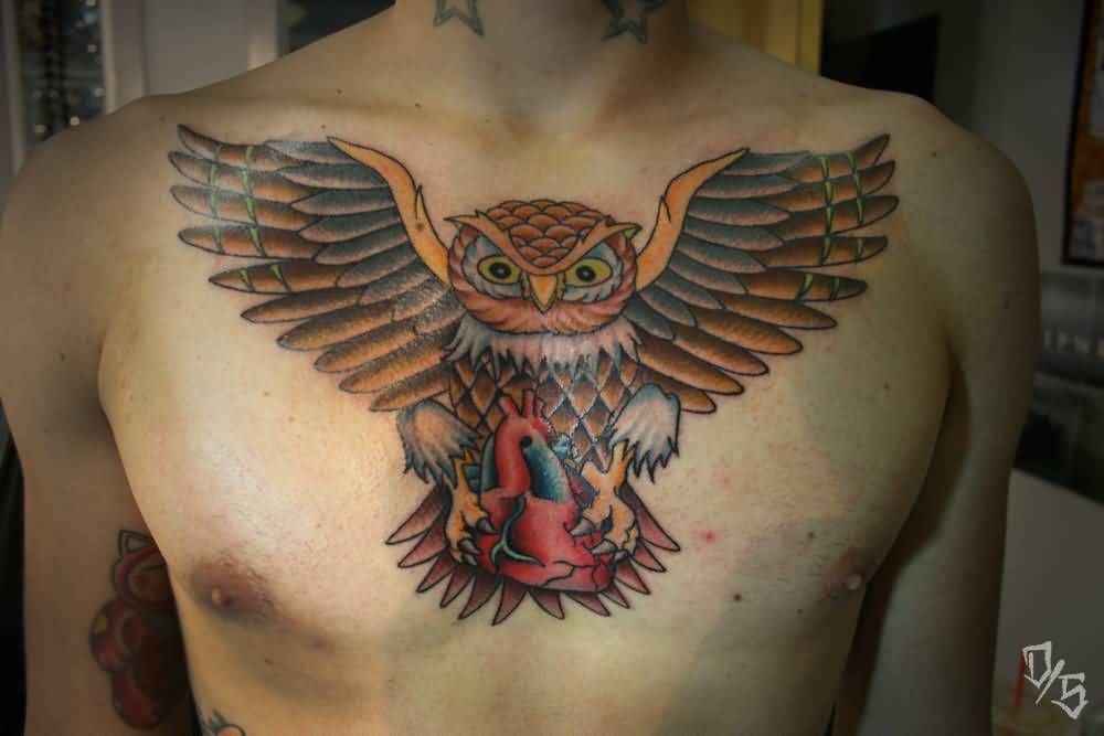 Traditional Owl With Real Heart Tattoo On Man Chest