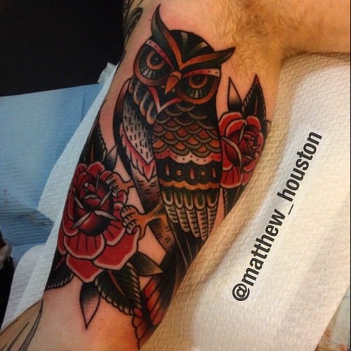 Traditional Owl With Roses Tattoo On Half Sleeve