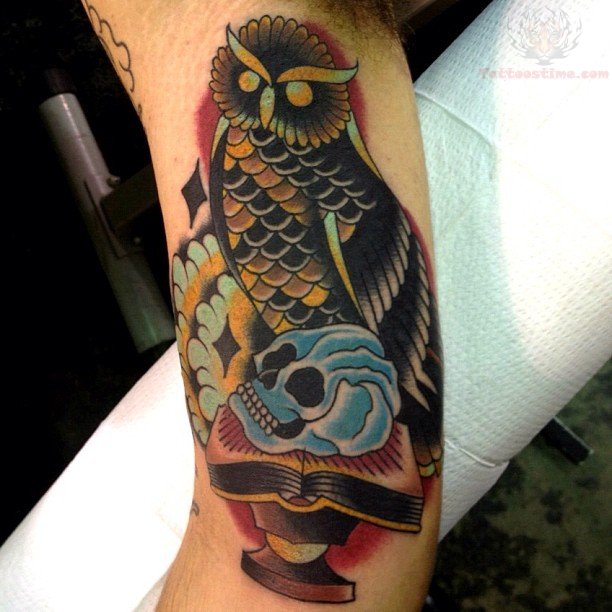 Traditional Owl With Skull Tattoo Design For Half Sleeve'