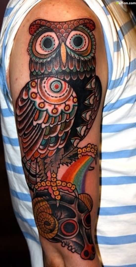 Traditional Owl With Skull Tattoo On Right Half Sleeve