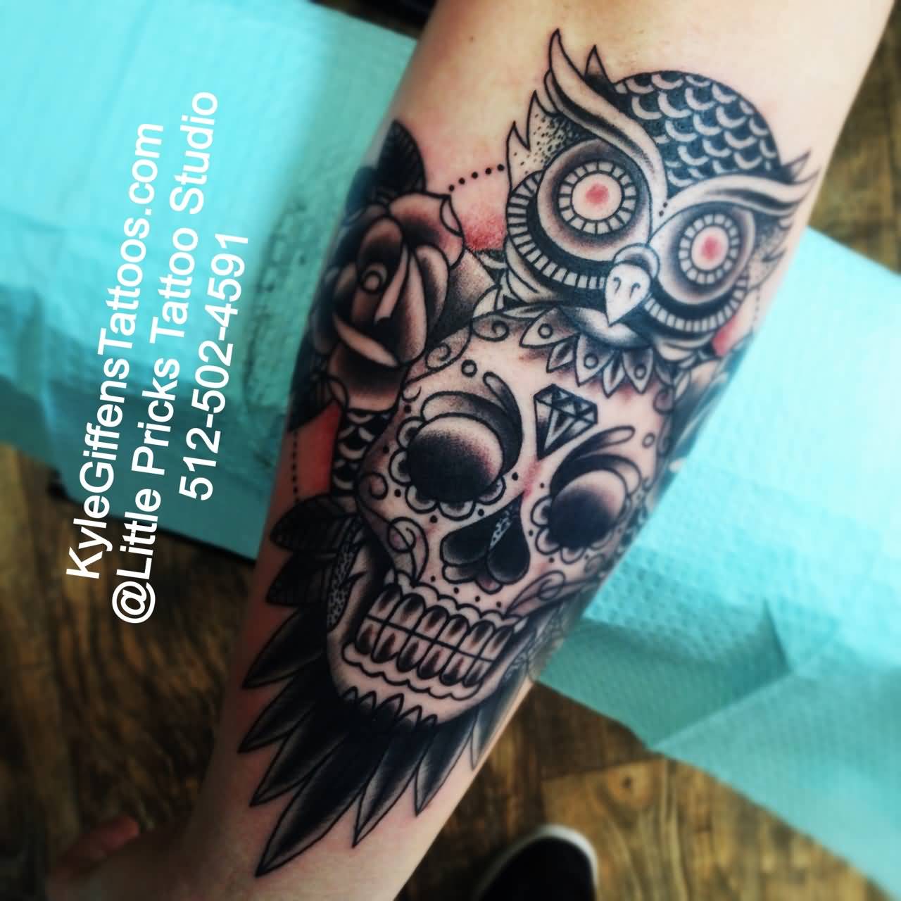 Traditional Owl With Sugar Skull Tattoo Design For Sleeve By Kyle Giffen