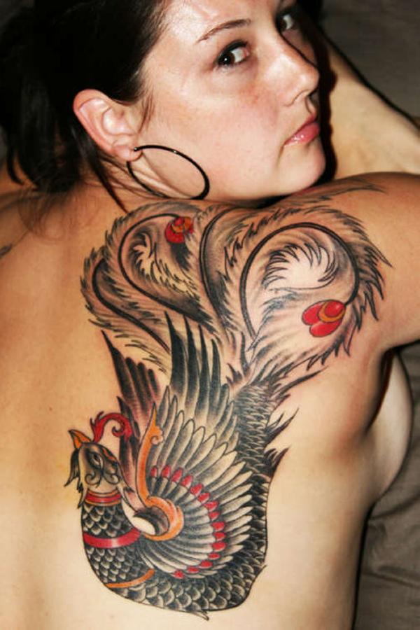 Traditional Phoenix Tattoo On Girl Right Back Shoulder