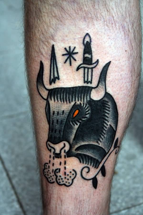 Traditional Taurus Zodiac Sign Tattoo On Leg