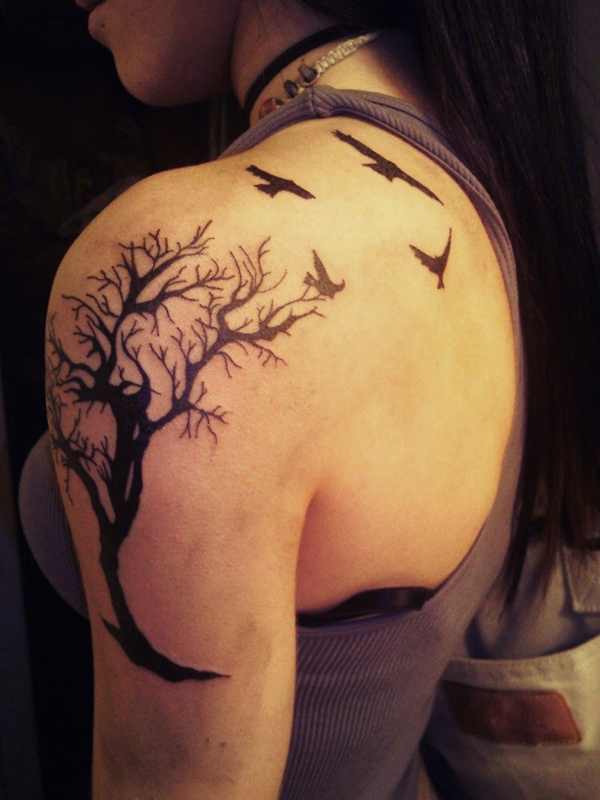Tree Of Life With Flying Birds Tattoo On Left Shoulder