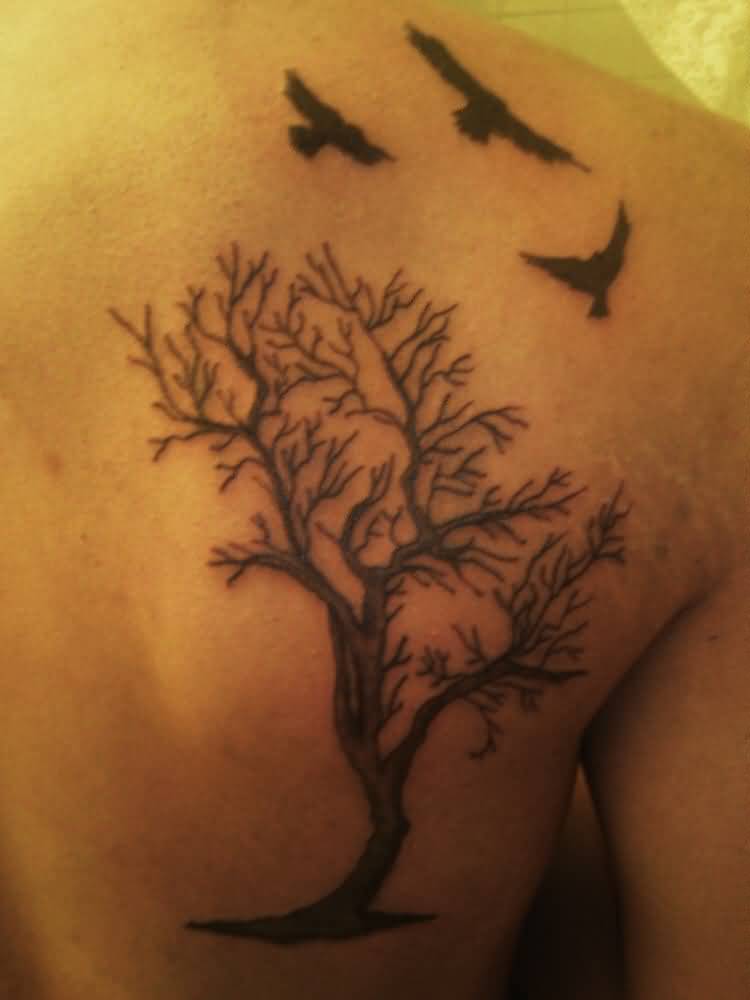 Tree Of Life With Flying Birds Tattoo On Right Back Shoulder