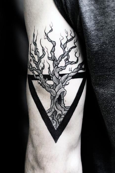 Tree Of Life Without Leaves In Triangle Tattoo On Left Half Sleeve