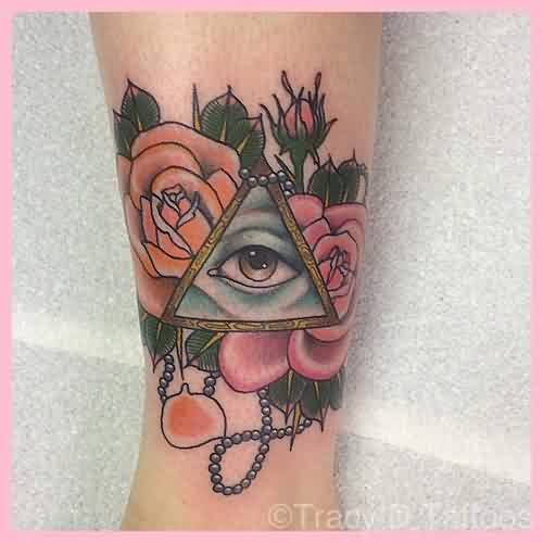 Triangle Eye With Roses Tattoo Design For Leg
