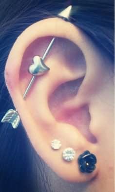 Triple Lobes And Industrial Heart Piercing
