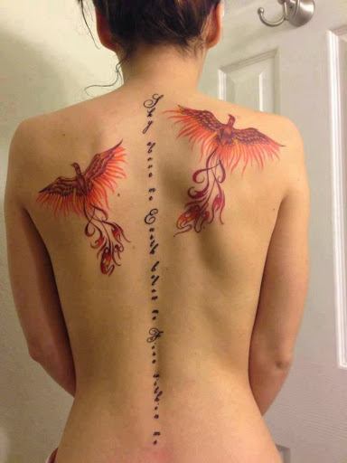 Two Flying Phoenix Tattoo On Girl Upper Back
