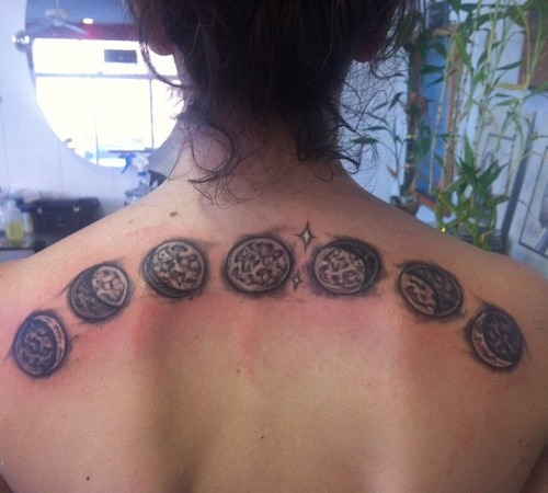 Unique Black And Grey Phases Of The Moon Tattoo On Girl Upper Back.