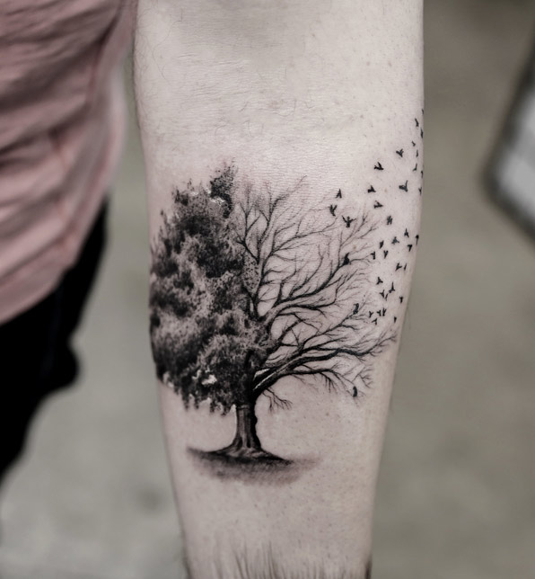 Unique Black And Grey Tree Of Life Tattoo On Left Forearm