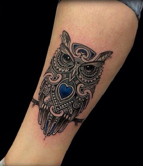 Unique Black Ink Owl Tattoo Design For Leg