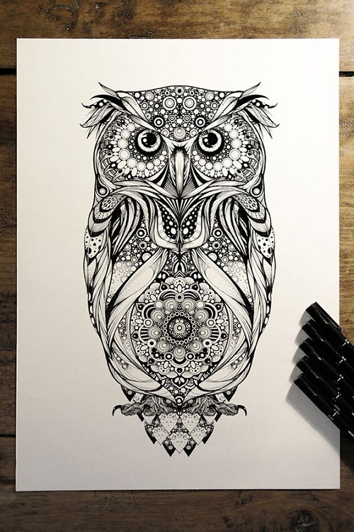 Unique Black Ink Owl Tattoo Design