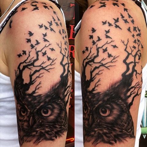 Unique Black Ink Owl With Flying Birds Tattoo On Left Half Sleeve