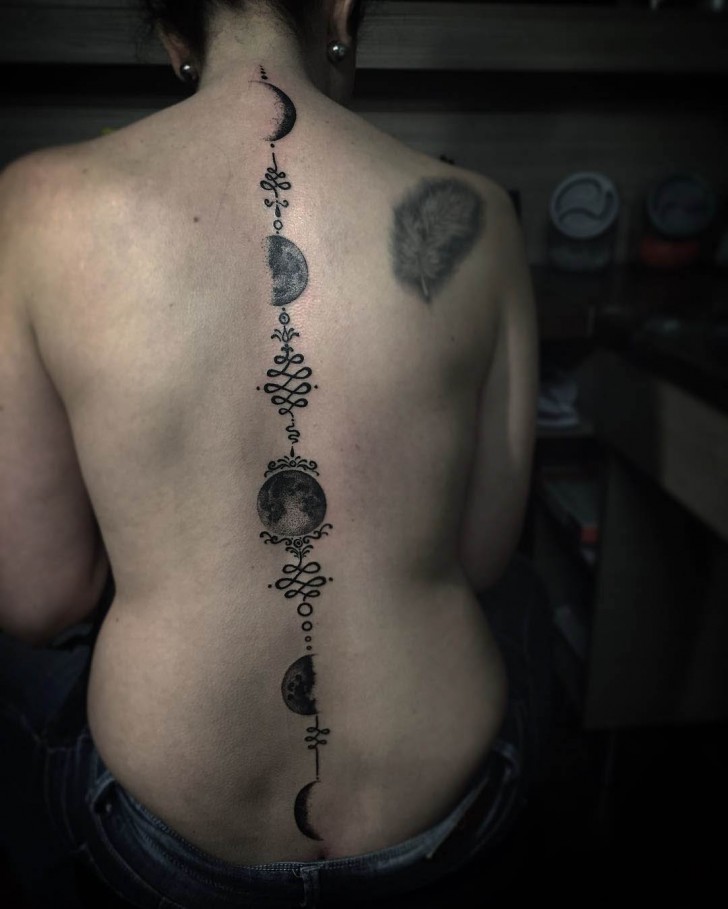 Unique Black Ink Phases Of The Moon Tattoo On Full Back