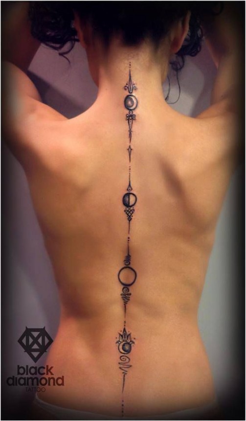 Unique Black Ink Phases Of The Moon Tattoo On Girl Spine