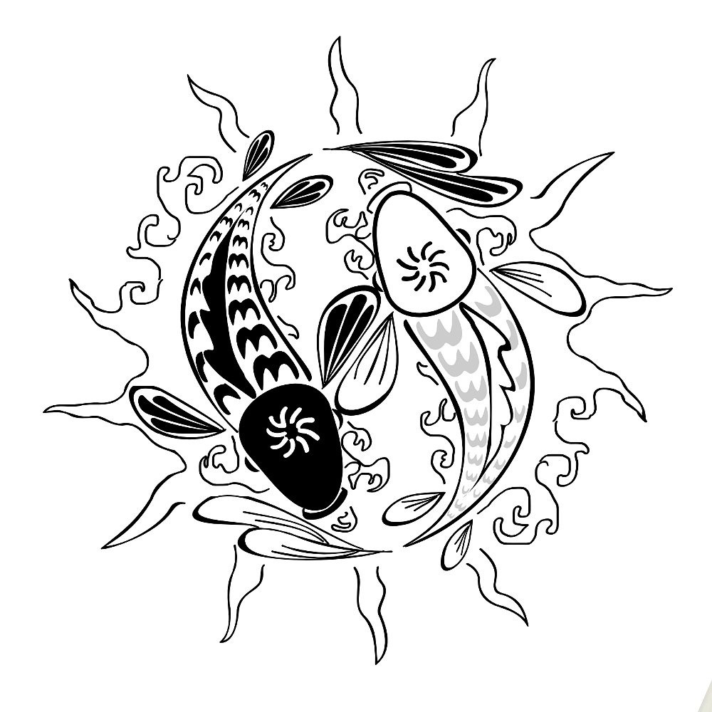 Unique Black Outline Pisces Zodiac Sign Tattoo Design