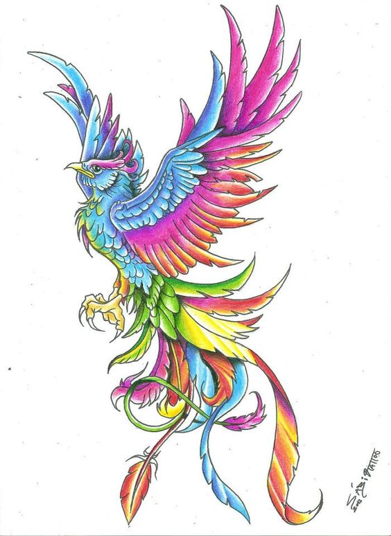 Unique Colorful Flying Phoenix Bird Tattoo Design