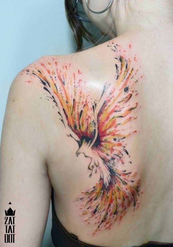 Unique Colorful Flying Phoenix Tattoo On Left Back Shoulder