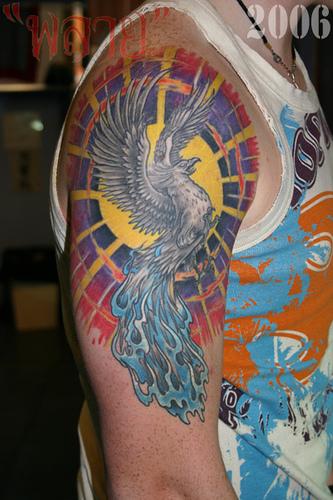 Unique Colorful Japanese Phoenix Tattoo On Right Half Sleeve