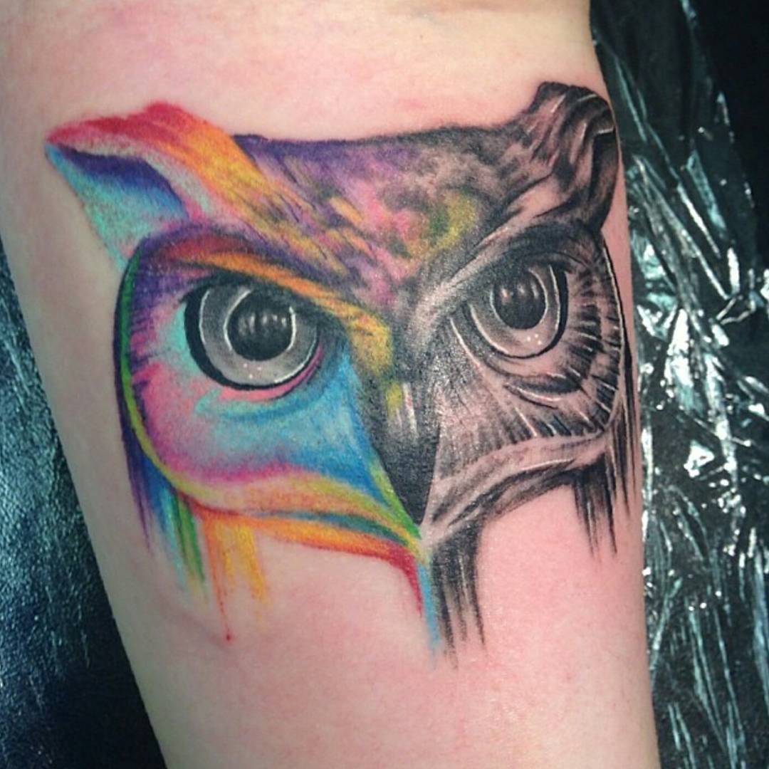 Unique Colorful Owl Head Tattoo Design For Sleeve