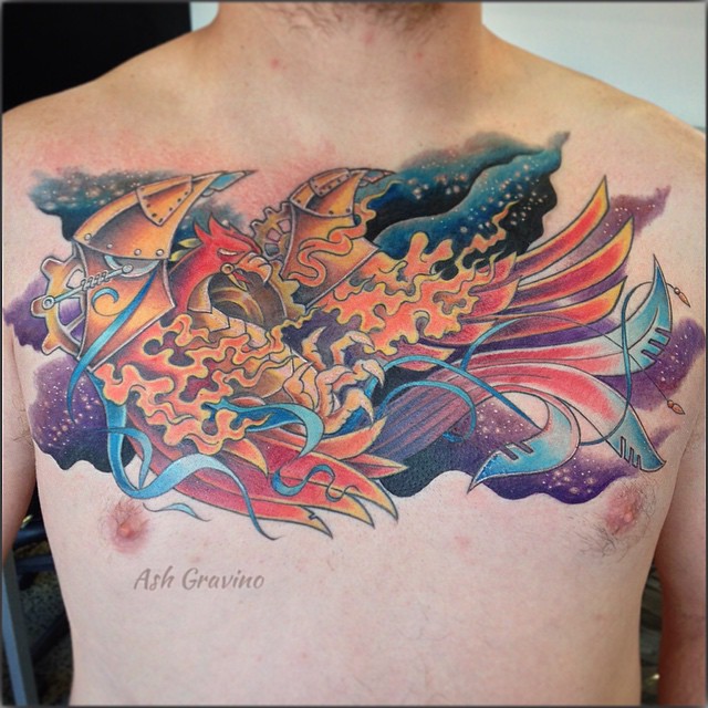 Unique Colorful Phoenix Tattoo On Man Chest