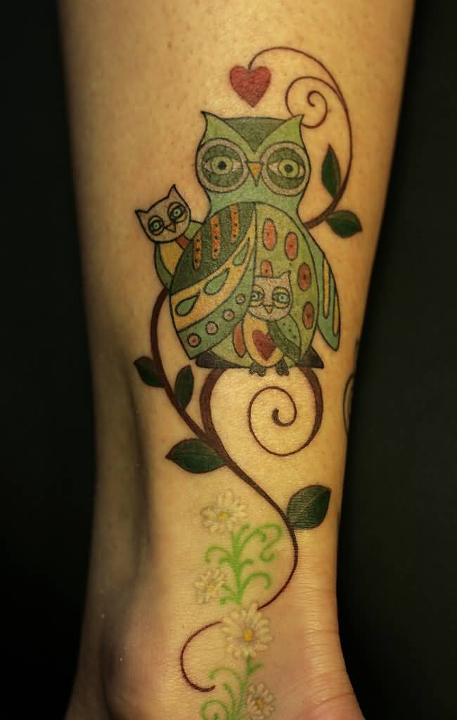 Unique Colorful Traditional Owl With Two Baby Owl Tattoo On Right Leg By Danielle