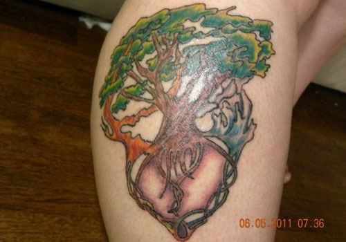 Unique Colorful Tree Of Life Tattoo On Right Leg Calf