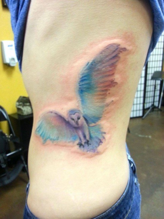 Unique Flying Owl Tattoo On Left Side Rib