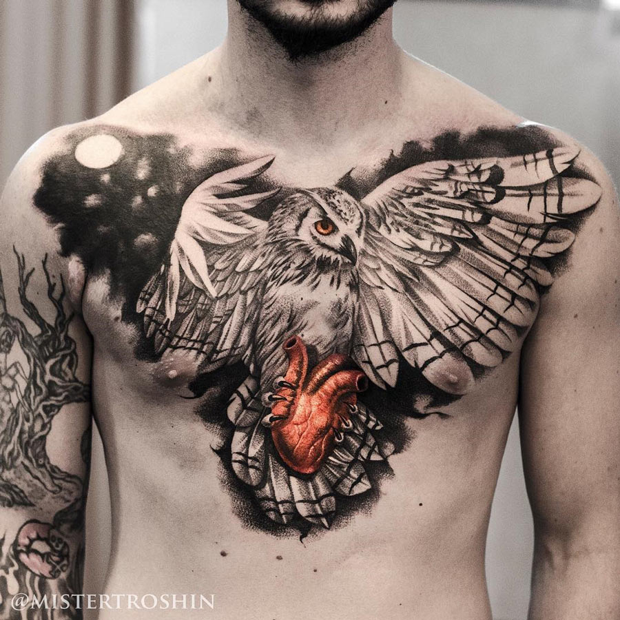 Unique Flying Owl With Real Heart Tattoo On Man Chest By Mistertroshin