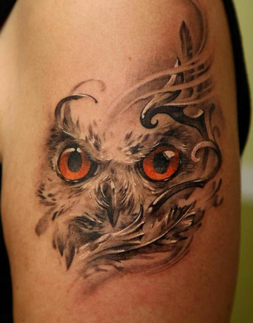 Unique Grey Ink Owl Face Tattoo On Left Half Sleeve