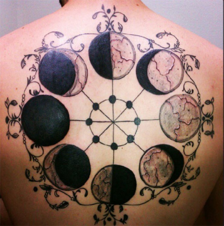 Unique Phases Of The Moon Tattoo On Man Upper Back