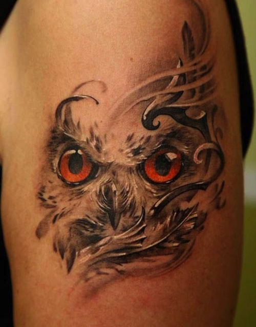 Unique Realistic Owl Head Tattoo Design For Half Sleeve