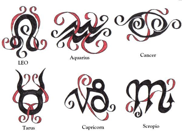 Unique Red And Black Six Zodiac Sign Tattoo Designs By TSnow