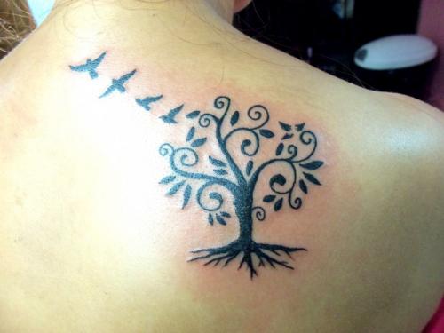 Unique Tree Of Life With Flying Birds Tattoo On Upper Back