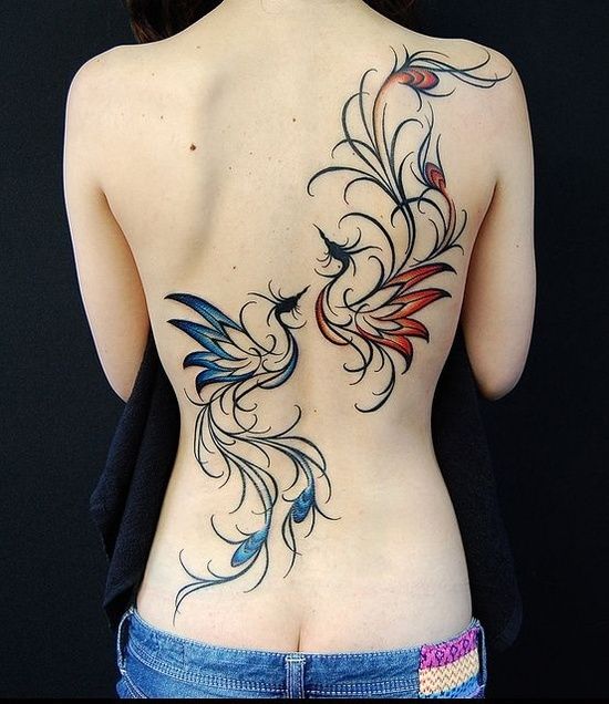 Unique Two Phoenix Tattoo On Girl Back