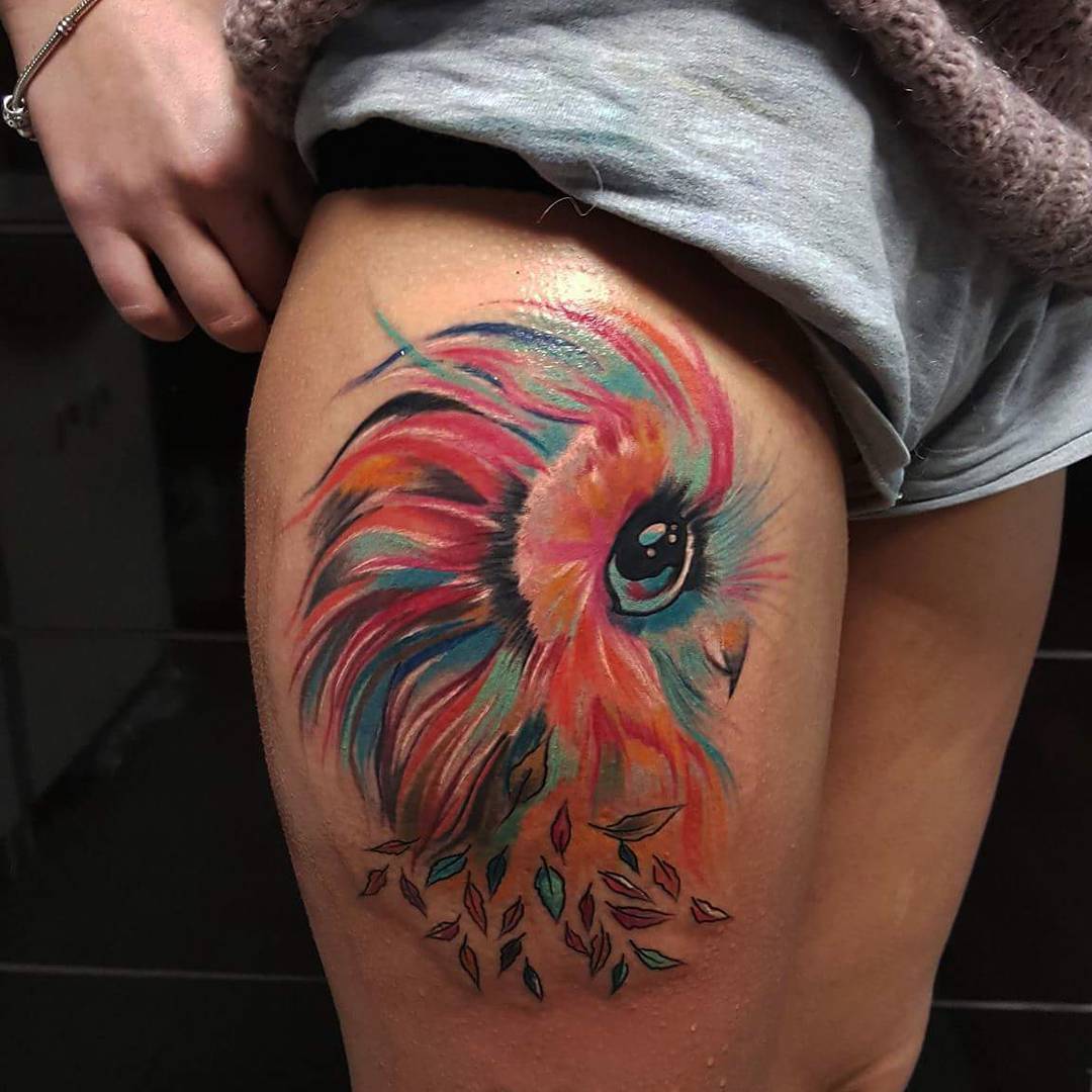 Unique Watercolor Owl Tattoo On Girl Right Thigh