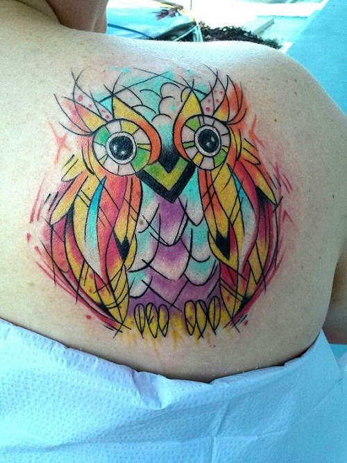 Unique Watercolor Owl Tattoo On Right Back Shoulder