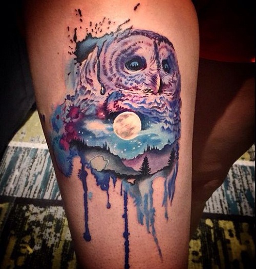 Unique Watercolor Owl Tattoo On Right Thigh By Megan Jean Morris