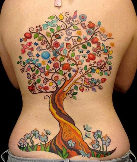 Unique Colorful Tree Of Life Tattoo On Full Back