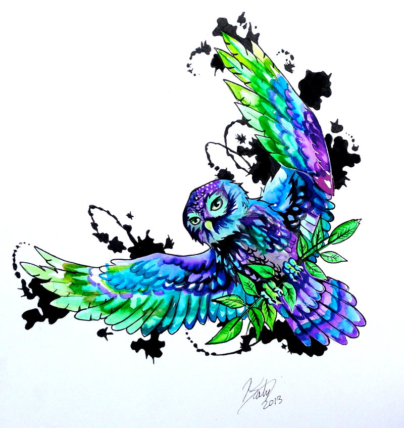 Watercolor Flying Owl Tattoo Design By Katy Lipscomb