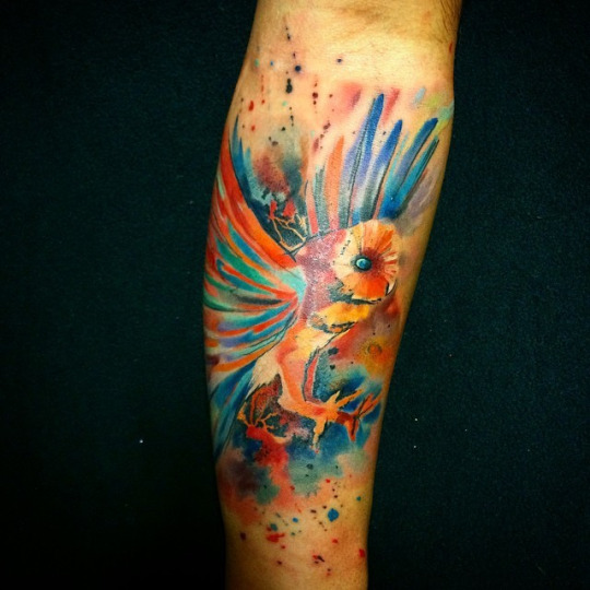 Watercolor Flying Owl Tattoo On Forearm