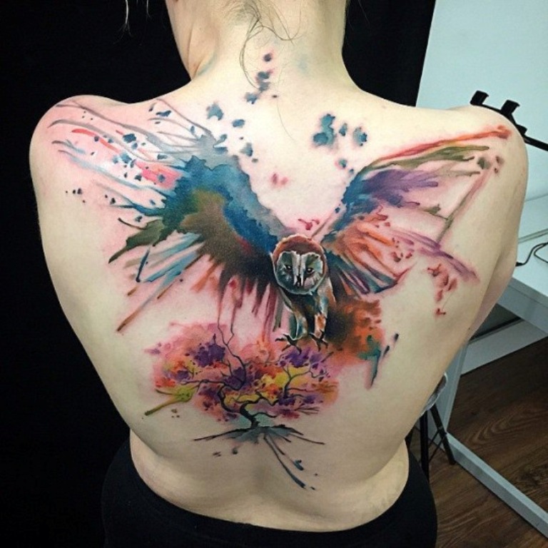 Watercolor Flying Owl  Tattoo On Girl Full Back